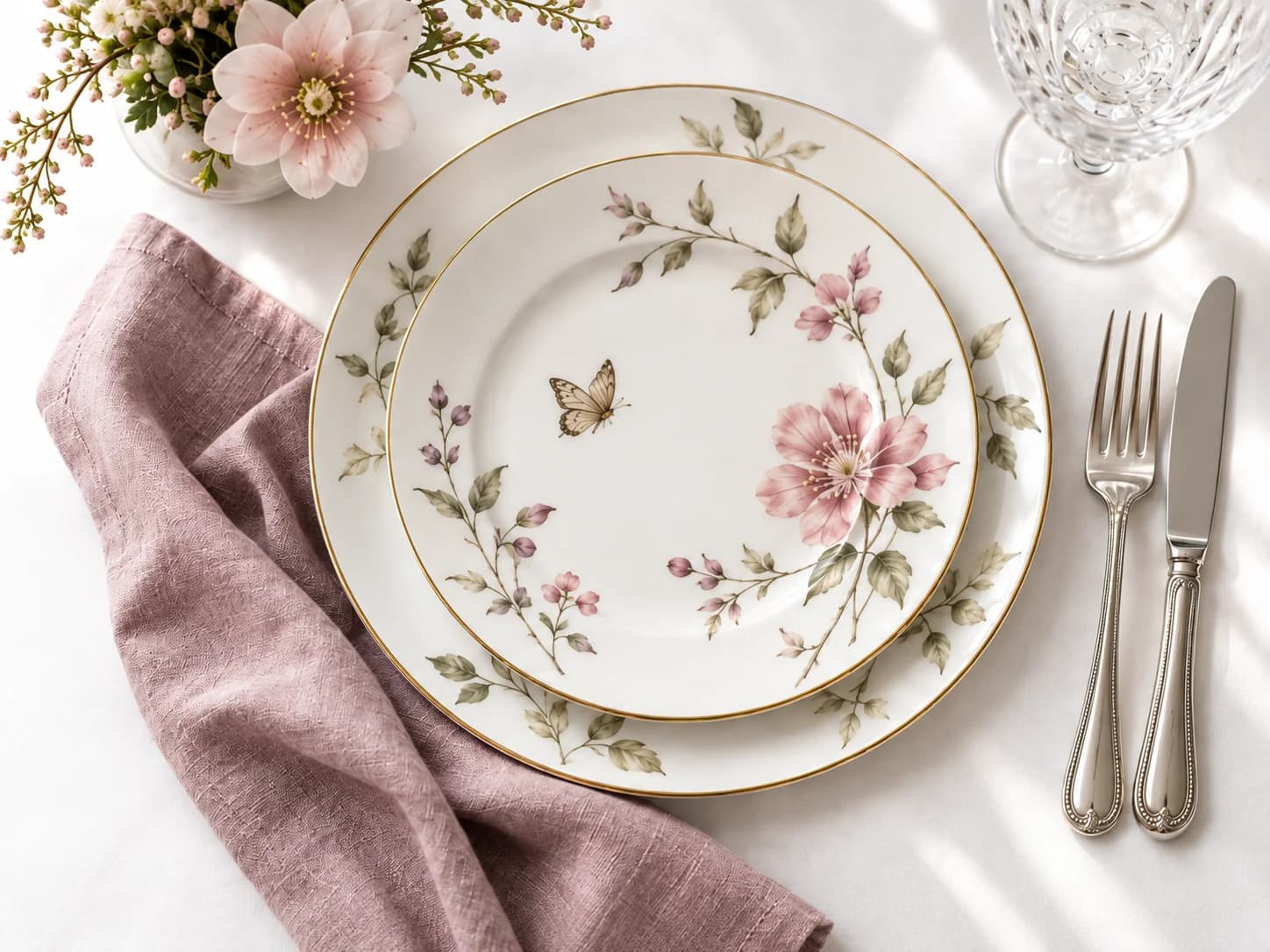 Illustrative botanical dinnerware with mauve linen and flowers