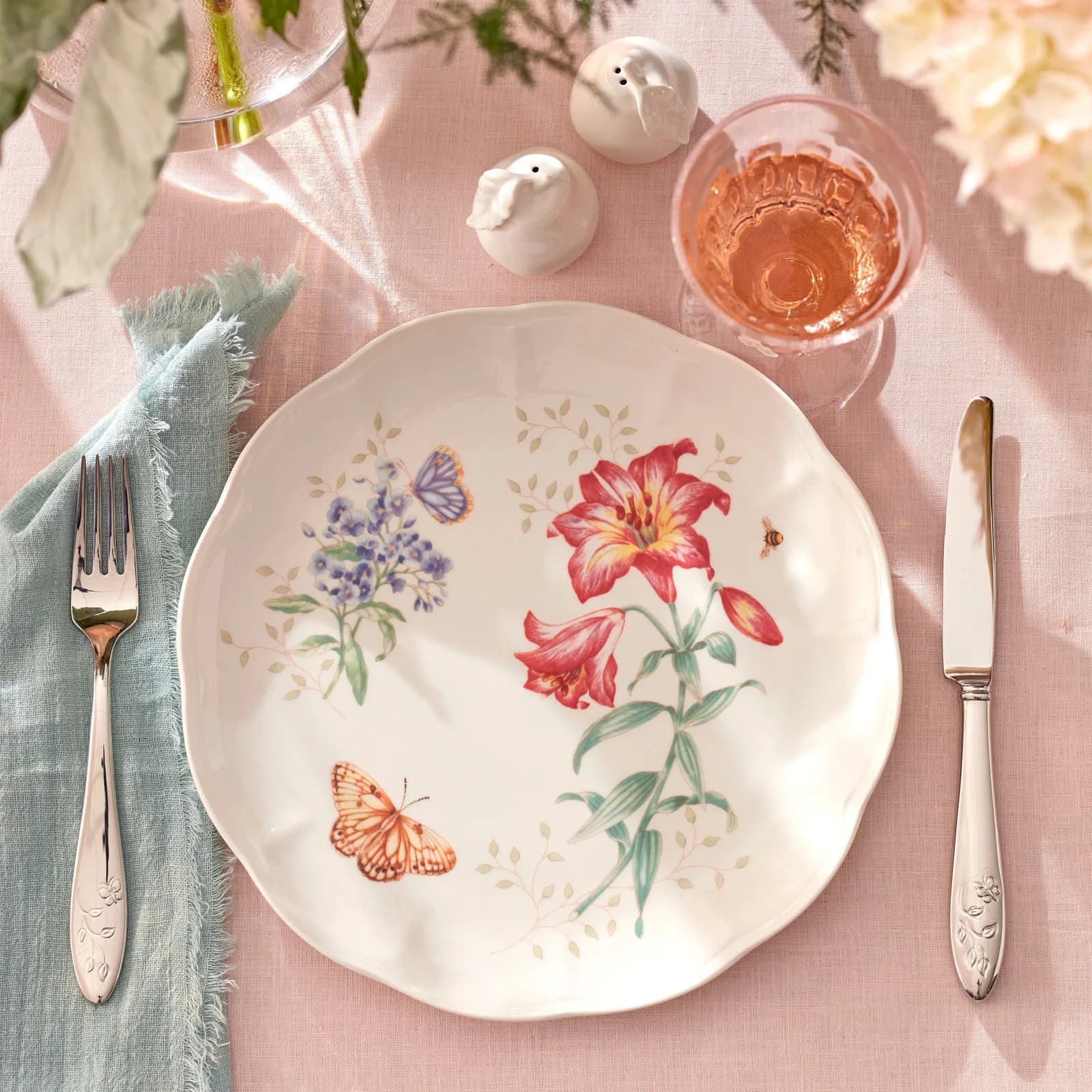 Lenox manufacturer photograph of a Butterfly Meadow plate with botanical decoration