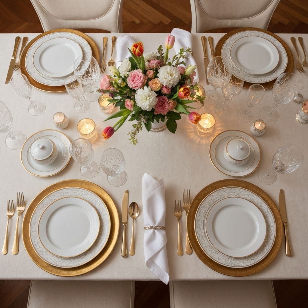 Elegant Lenox dinnerware table setting with fine china and gold accents